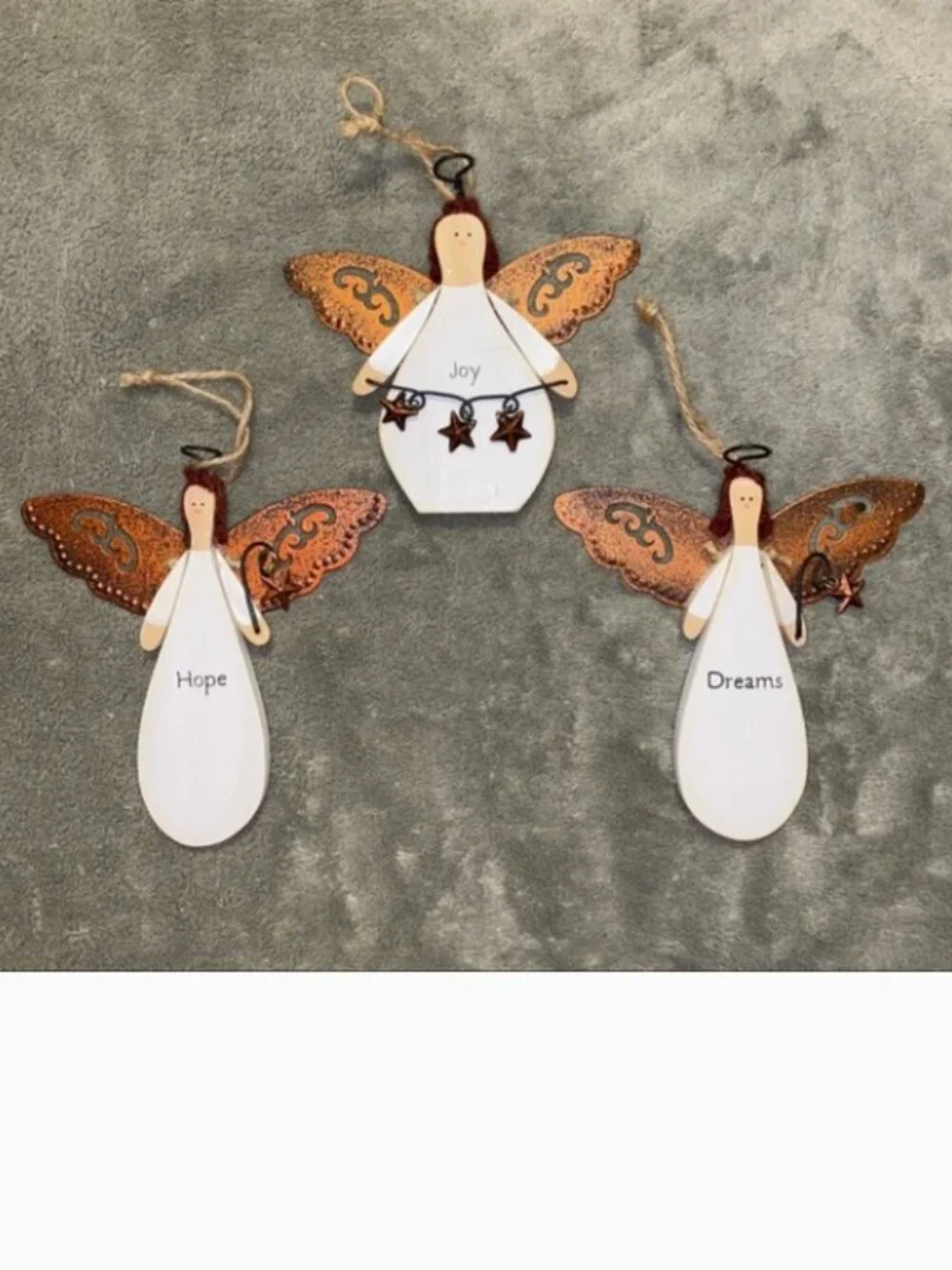 Angel Ornaments Russ Berrie Wood Metal Hope Joy Dreams Set of 3 Christmas Tree